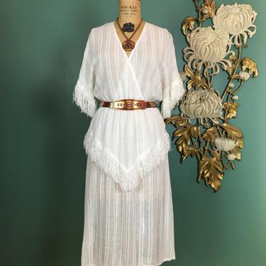 1980s peplum dress, white woven rayon, vintage 80s dress, fringe dress, size medium, bohemian style, sheer striped, wrap style, open knit 