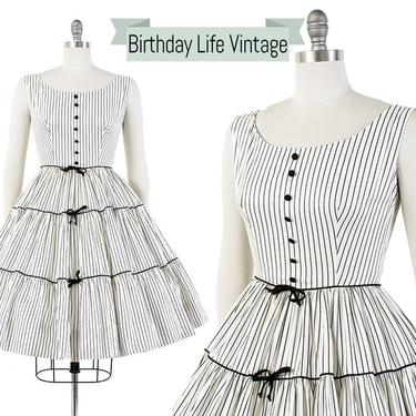 Vintage 1950s Dress | 50s Pinstripe Cotton Sundress Striped White Black Tiered Circle Skirt Day Dress (small) 