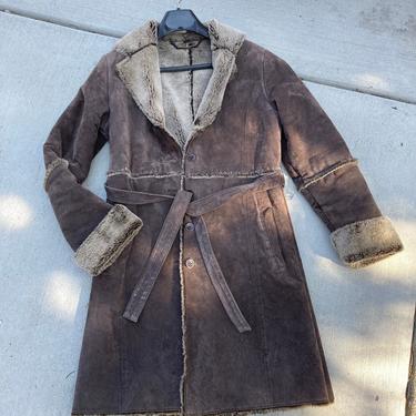 Brown Suede Leather Long Winter Jacket Faux Fur Sherpa Coat -Medium by LeChalet