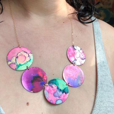 Colorful Inked Brass Disc Statement Necklace Pinks Greens Purple 