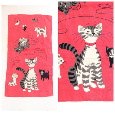 Cat Tammis Keefe Pink Dish Towel / 1950s Vintage Novelty Print Tea Towel 