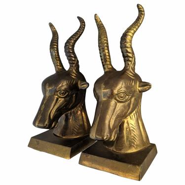 Vintage 1970s Patinated Brass Gazelle Bust Bookends - a Pair