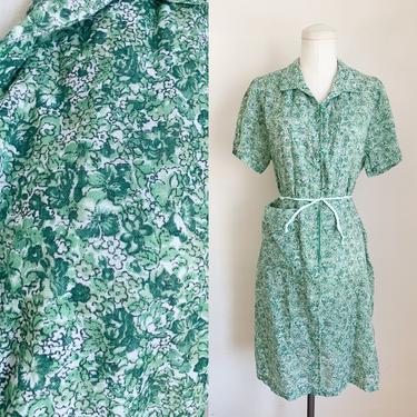 Vintage 1970s Green Ditsy Floral House Dress / L 