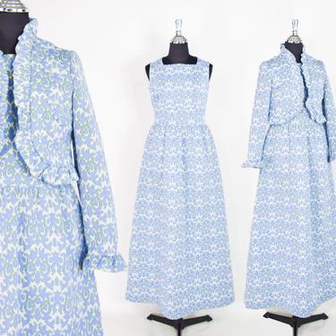 1970s Blue Floral Maxi Dress &amp; Jacket | 70s Sky Blue Maxi Dress Set |  BELFRY | Medium 