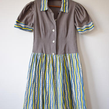 1930s Novelty Print Colorblock Dress | Vintage 30s Cotton Day Dress | XSmall Petite 