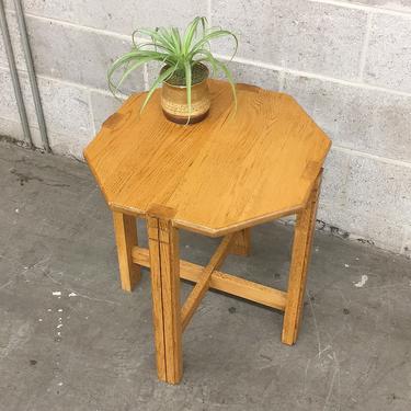 Vintage Octagon Table Retro 1990s Contemporary Style + Tan + Oak Wood + End + Side Table + Beveled + Modern Shape + Home Decor and Furniture 