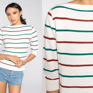 Striped Cotton Sweater Vintage 80s Sweater White BOATNECK Sweater Retro Knit 1980s Boat Neck Pullover Red Green Small S 