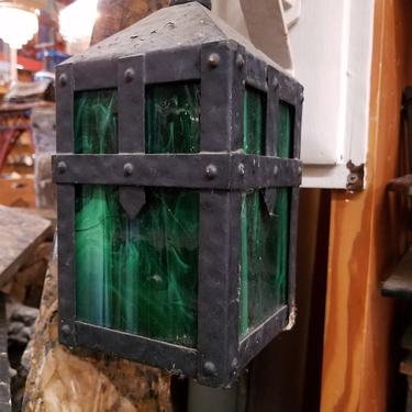 Porch Sconce, Mission/Arts & Crafts. Green Stained Glass.11T x 4.5W x 8D.