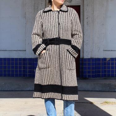 Vintage 1980s Missoni Reversible Knit Coat, black tan gray wool knit, crochet insets, size 46 Women 