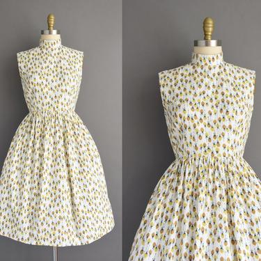 1950s vintage dress | Adorable White Cotton Mustard Fruit Print Full Skirt Summer Dress | Small | 50s dress 