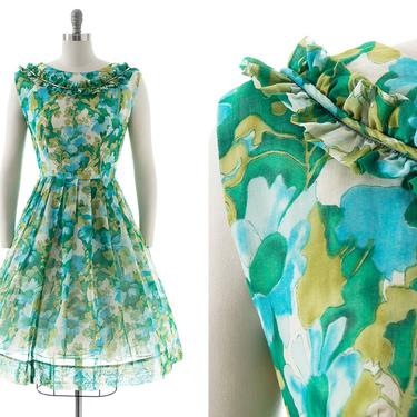 Vintage 1960s Sundress | 60s Floral Print Cotton Voile Ruffled Green Full Skirt Fit and Flare Day Dress (small) 