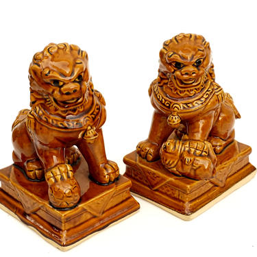 Character Marked Porcelain Foo Dogs | Pair of Vintage Guardian Shishi Lion Figurines | Rare Amber Glazed Pottery Art Protection Statues 
