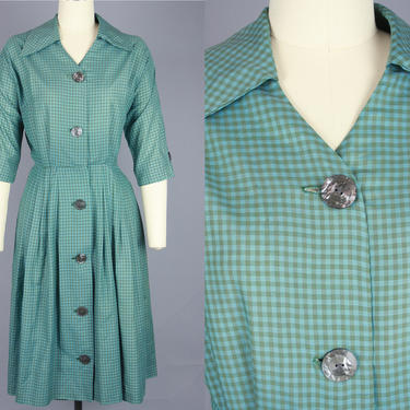 1950s GREEN GINGHAM Day Dress | Vintage 50s Cotton Shirtwaist Dress with Full Skirt | medium 