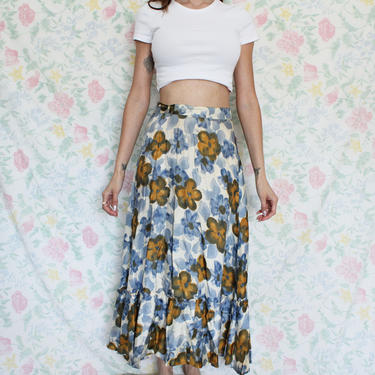 Vintage Floral Skirt with Ruffled Bottom, Painterly Flowers Pattern, Hand Made Hand Sewn, Blue and Gold, Size Small 