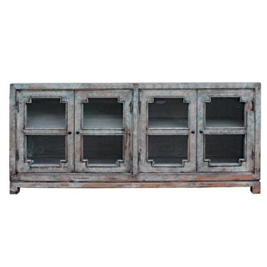 Distressed Pastel Blue Gray Glass Door Bookcase China Credenza Cabinet cs5429S