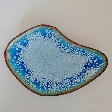 Vintage Enameled Copper Bowl With Organic Shape and Ocean Colors 