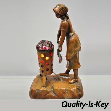 Antique French Spelter Metal Figural Woman by Coal Fire Statue Lamp attr Raineri