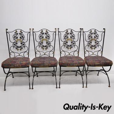 4 Vtg Wrought Iron Black &amp; Gold Scrolling Leaf Garden Patio Dining Chairs Wodard