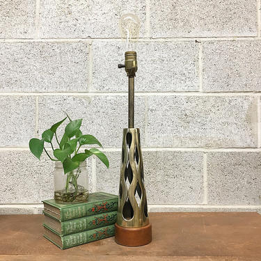 Vintage Table Lamp Retro 1960s Mid Century Modern Cut Brass and Walnut Wood Light 