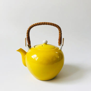 Vintage Yellow Teapot with Wicker Handle 