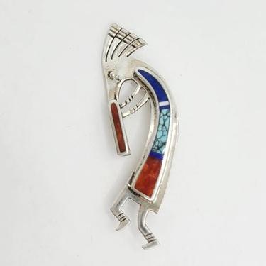Native American Sterling Silver Navajo Multi Stone Crushed Turquoise Inlay Kokopelli Pin Signed V. 