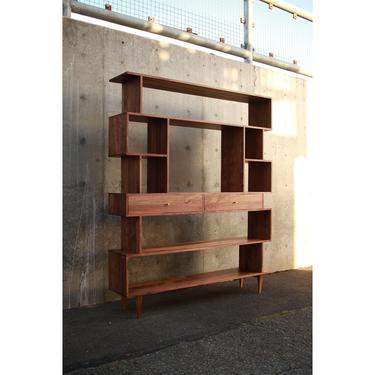Arden OFFSTACK TV Bookcase, Geometric TV Bookshelf, Modern Staggering Console, American Made (Shown in Walnut) 