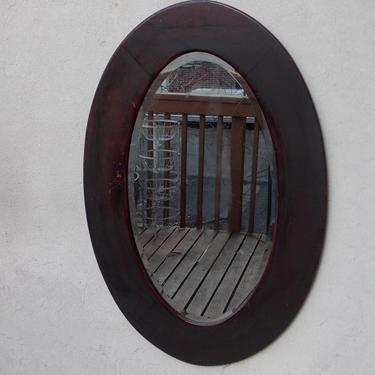Large Vintage Oval Dark Wood Framed Beveled Mirror 