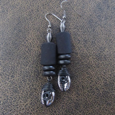 Cowrie shell earrings, gunmetal earrings, gray earrings, black Afrocentric African tribal dangle earrings, abstract goth earrings, spiral 