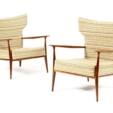 Mid Century Wingback Lounge Chairs by Paul McCobb for Directional — Walnut frames — Reupholstery Included — Pair 