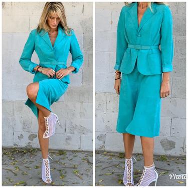 Turquoise Blue Suede Suit SET blazer +skirt belt S M 