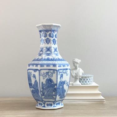 Tall Blue White Octagonal Chinese Paneled Vase Chinoiserie Decor 
