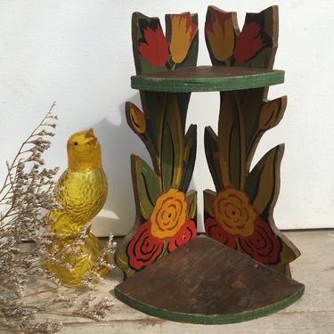 Vintage Wood Corner Painted Shelf With Tulips And Flowers, Hand Made Mini Shelf, Smalls Display 