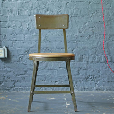 vintage industrial heavy-duty steel chair with wood seat, footrest and tapered legs 