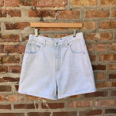 Vintage 90s High Waist Jean Shorts with lace trim LA BLUES size 10 light wash blue denim 