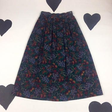 80's L.L. Bean dark fruit floral print corduroy skirt rare preppy Freeport Maine Made in U.S.A. high waist pleated printed long skirt 8 28 w 