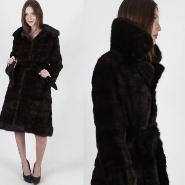 Mahogany Mink Coat With Matching Fur Belt / Vintage 60s Espresso Mink Jacket / Belted Princess Huge Collar Evening Jacket 
