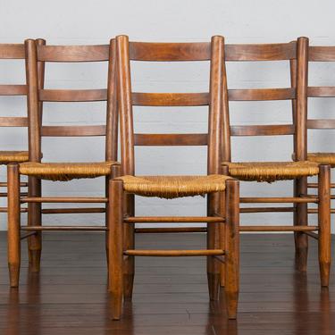 Antique Set of 5 Country French Provincial Farmhouse Ladder Back Maple Dining Chairs 