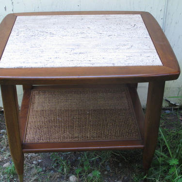 Pair Mid Century Modern Side Table Danish Modern End Table Travertine Bedside Table Marble Nightstand Mid Century Rattan Wicker Lamp Table 