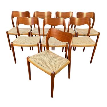Set of Eight Vintage Mid Century Danish Modern Teak Dining Chairs Model #71 by Niels Moller 
