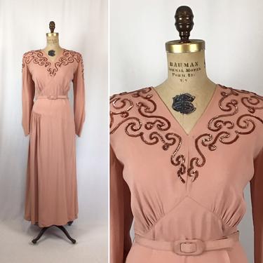 Vintage 40s dress | Vintage blush pink rayon crepe sequins dress | 1940s Charles Berg rayon evening dress 