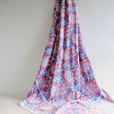 Vintage Blue and Pink Cotton Indian Tapestry, Floral Cotton Indian Fabric, 103&quot; x 70&quot; Tablecloth Table Cover 