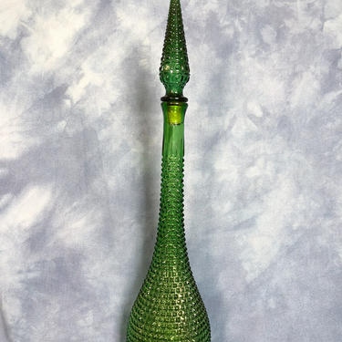 Vintage 22&amp;quot; Green Faceted Diamond Hobnail Genie Bottle Glass Vase, Mid Century Italy 