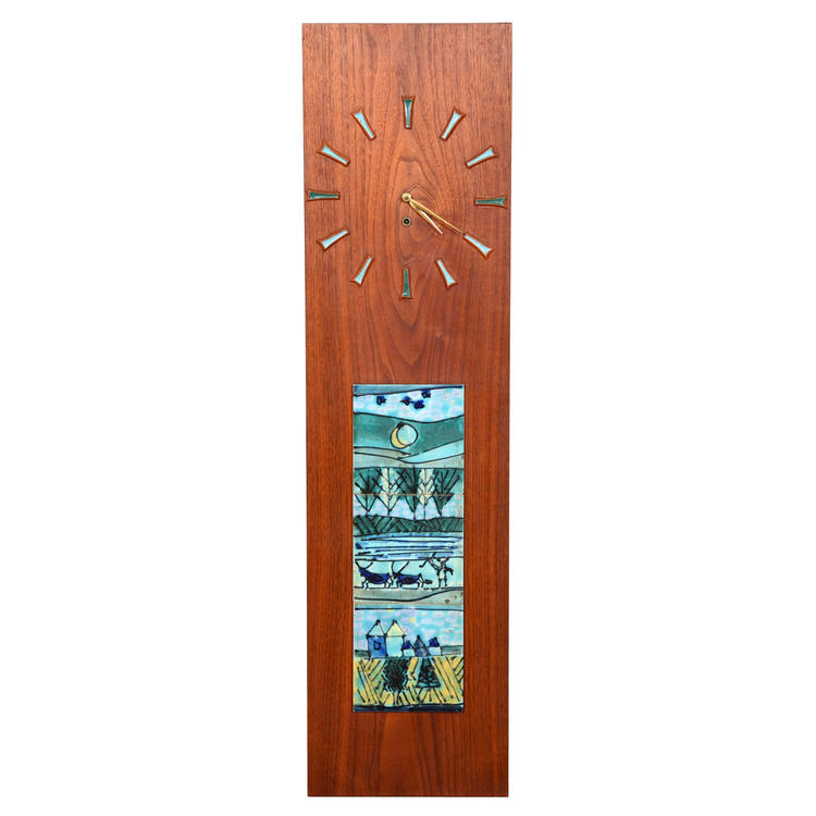 MCM Wall Clock with Decorative Tile on Walnut Panel