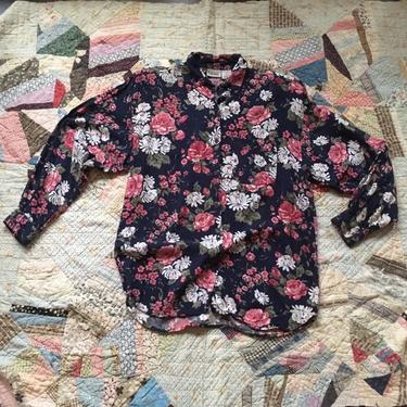 vintage 80s 90s floral print rayon shirt - ladies rayon blouse / 90s rose print top - 90s shirt / long sleeve rayon blouse, rose print shirt 