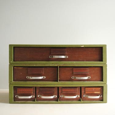 Vintage Wood Drawer Box in Green, Wooden Tool Chest with Drawers, 7 Drawer Rustic Wood Box, Tool Box 