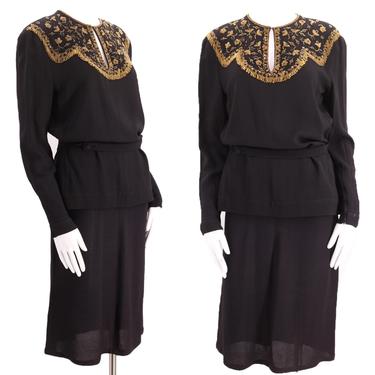 40s EISENBERG ORIGINALS black crepe beaded dress outfit  / vintage 1940s gathered ruched skirt and draped blouse top 30s sz 8 