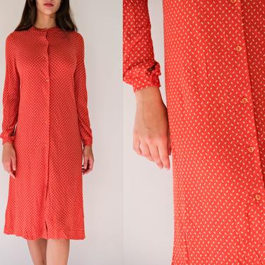 Vintage 70s Diane Von Furstenburg Strawberry Red Button Front Dress w/ White Orzo Polkadot Print | Made in Italy | 1970s DVF Designer Dress 