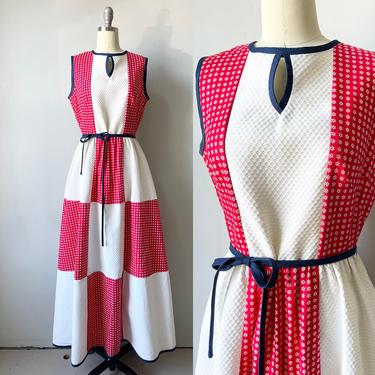 1970s Dress Patchwork Red White Maxi M 