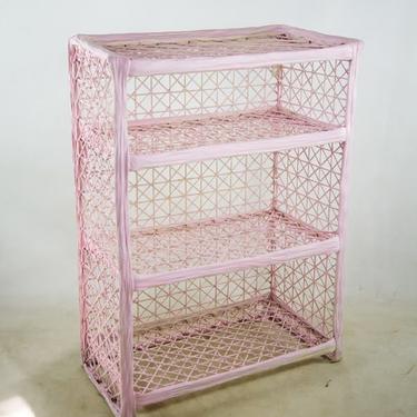 1960's Mid Century Modern Decorative Light Pink Faux Wicker Three Shelf Display and Bookcase 