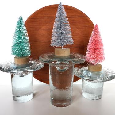 Set Of 3 Blenko Ice Glass Candle Holders, Vintage Don Shepherd Mushroom Glass Art Taper Holders 